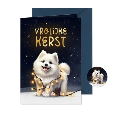 Kerstkaart vrolijke kerst hond Samojeed puppy winter lampjes